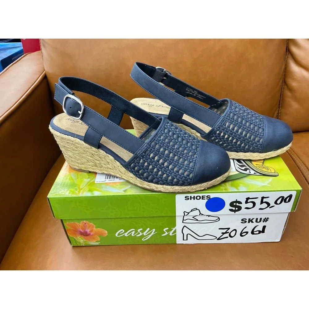 Easy Street Taffy Wedge Sandals Womens 8 Navy Excellent Woven Espadrille